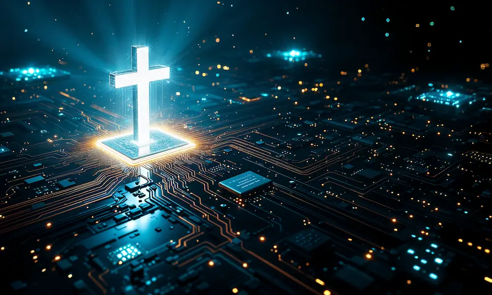 Light of Christ shining over digital circuits, symbolizing eternal wisdom over artificial intelligence