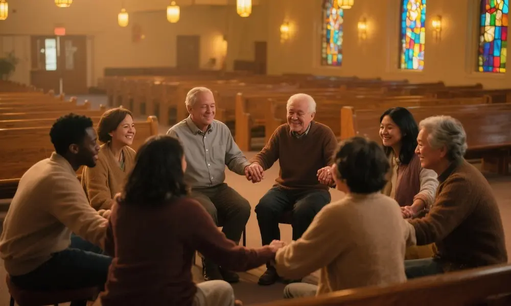 Diverse group of people in a church circle, holding hands and supporting each other with gentle smiles.