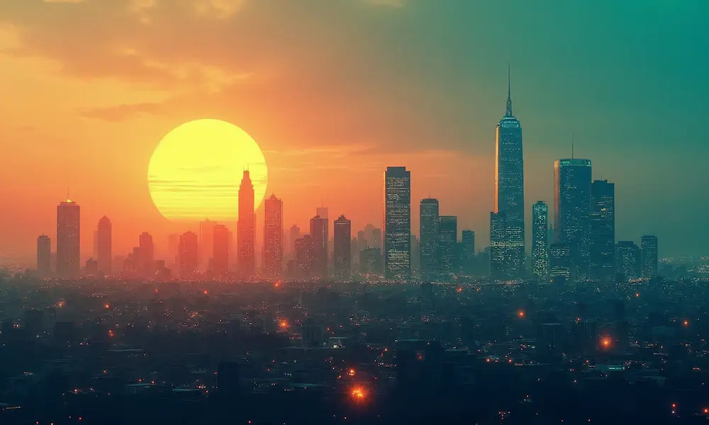 Neon‑teal and sunrise‑gold horizon symbolizing tension and hope.