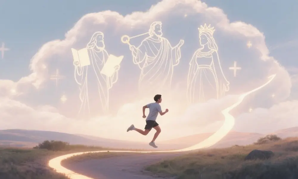 Infographic of faith heroes as a cloud above a runner, symbolizing inspiration.