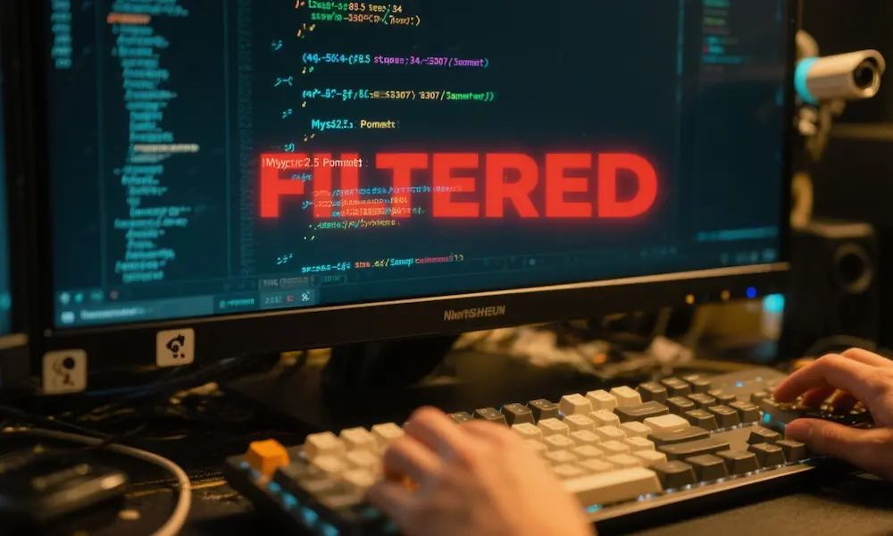 Computer code with a red filtered overlay on a dark console.