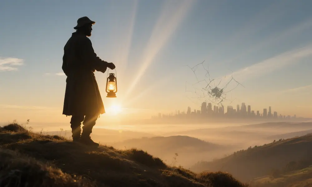 A lone shepherd silhouette on a ridge holding a lantern, with a distant digital skyline behind, symbolizing Christ’s enduring guidance.