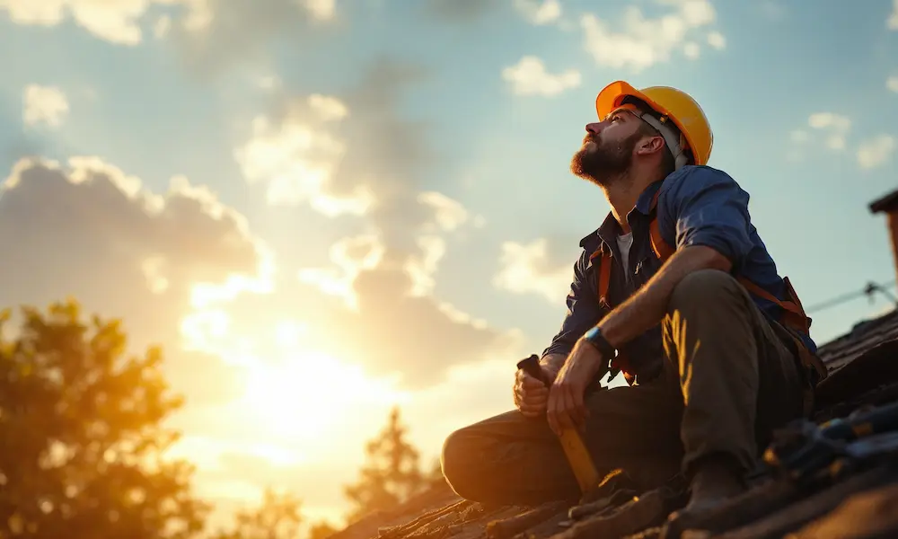 Construction worker on roof having spiritual breakthrough moment representing God's transformative power