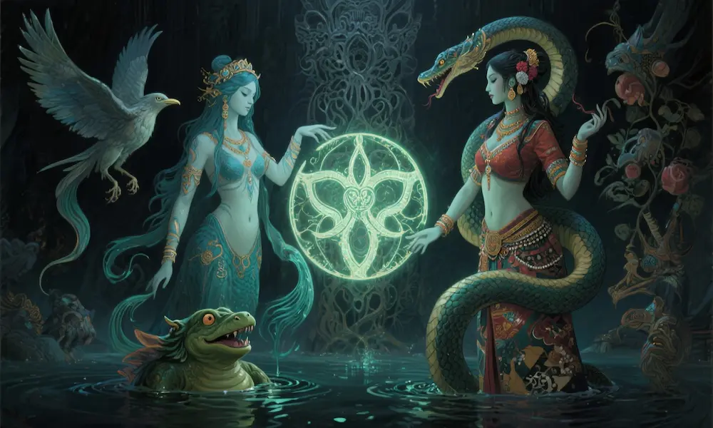 Artistic collage of siren-like beings from Greece, Africa, India, and Japan.