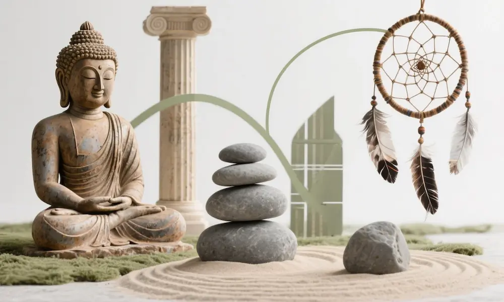 Collage of cultural symbols representing Buddhist, Stoic, and Japanese approaches to emotional balance