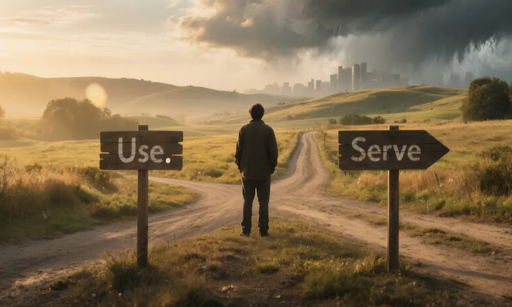Person at a forked path with signs labeled Use and Serve.
