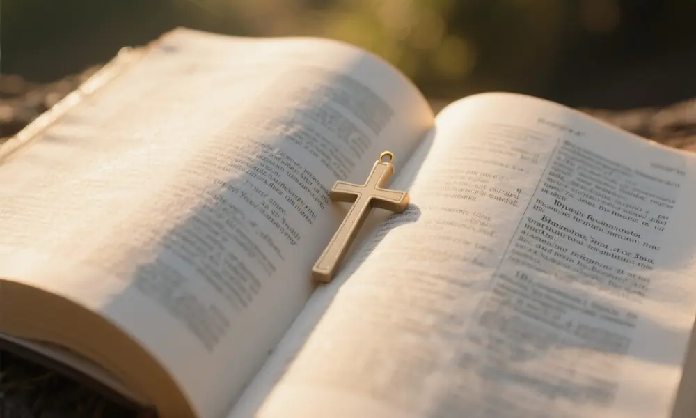 Open Bible with a cross-shaped bookmark bathed in sunlight, symbolizing daily growth in faith after salvation.