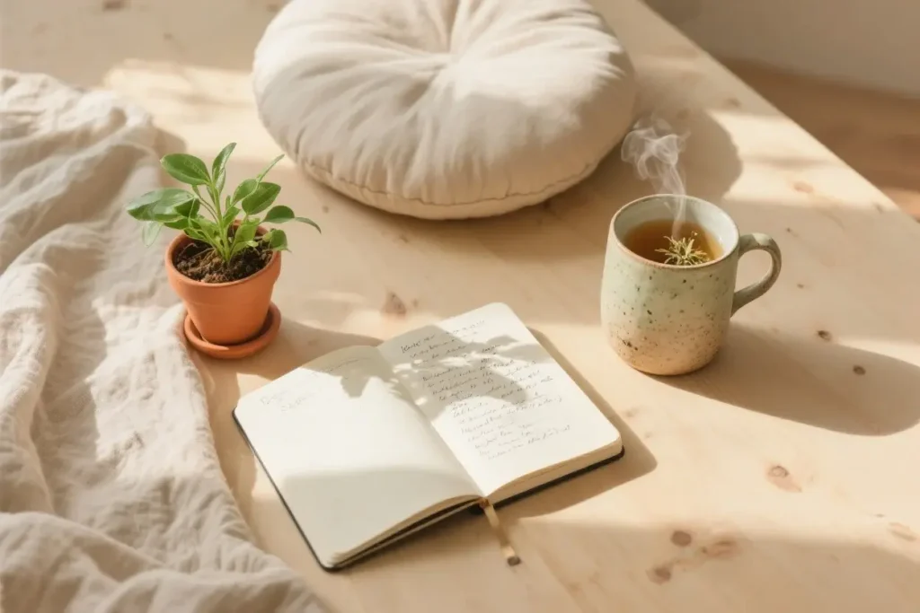 Flat lay of mindfulness tools including journal, meditation cushion, and peaceful morning setup