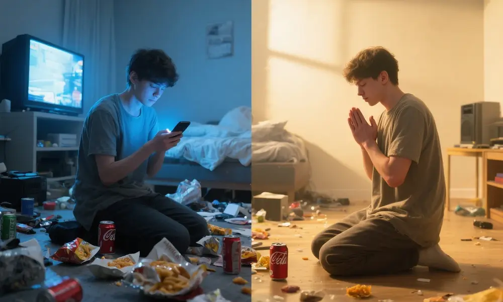 Hyper-realistic split-screen of a person distracted by modern temptations versus the same person in peaceful prayer