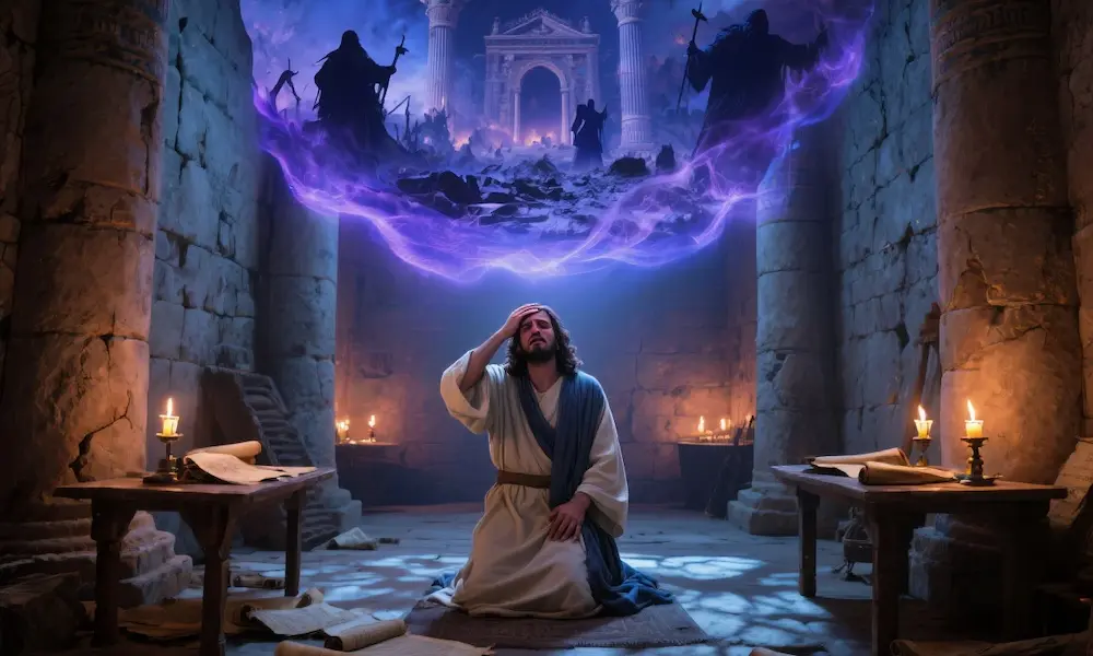 Prophet Daniel receiving apocalyptic visions of the abomination of desolation
