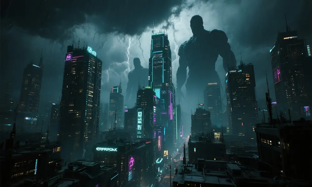 A futuristic city blending technology and corruption under storm clouds.