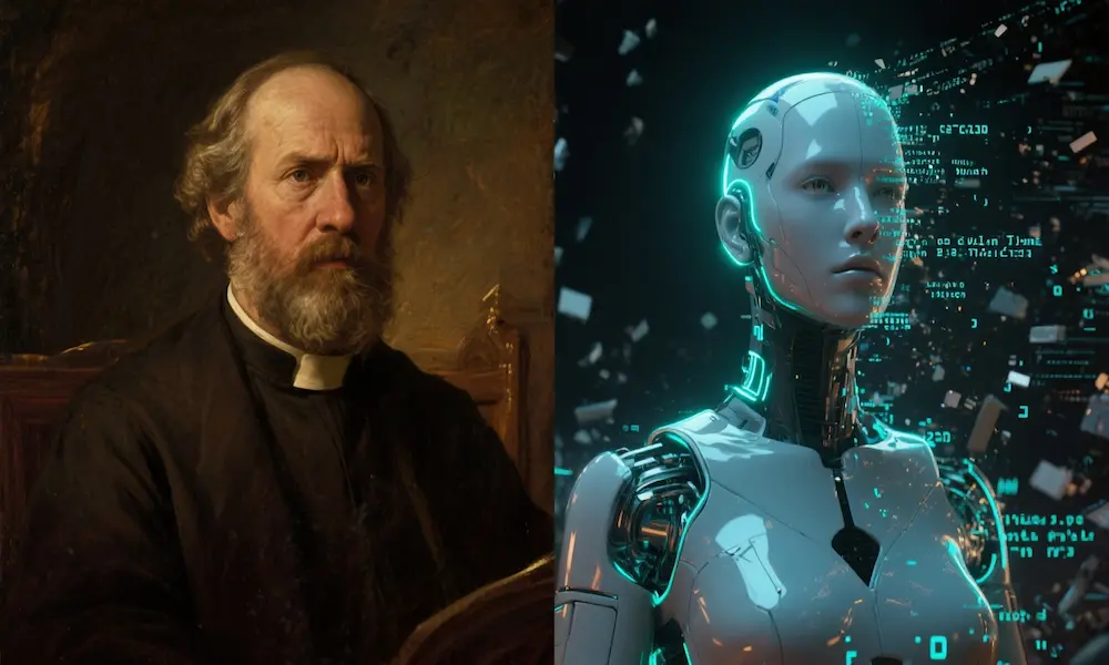 A split-screen hyper-real portrait where one side is an authentic pastor and the other is a perfect AI-generated avatar dissolving into pixels.