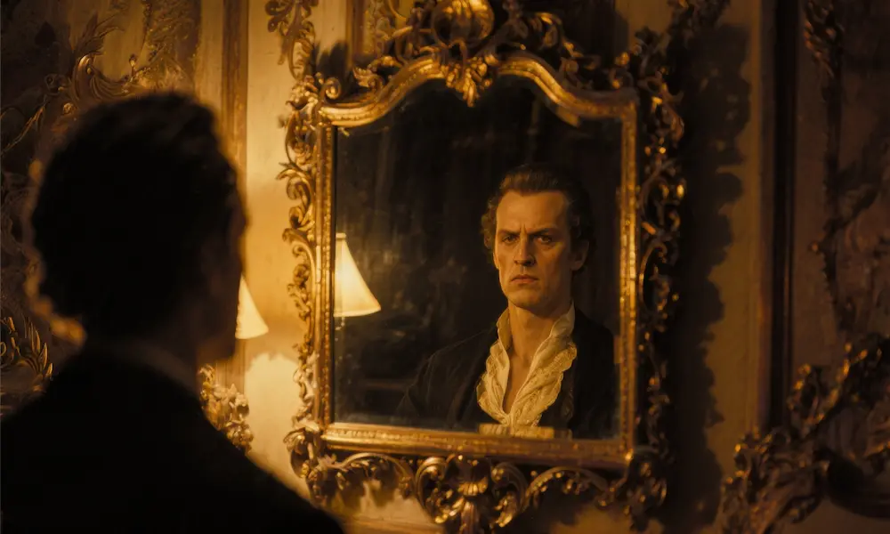 Cinematic mirror reflection showing distorted self-image representing pride and deception in spiritual warfare