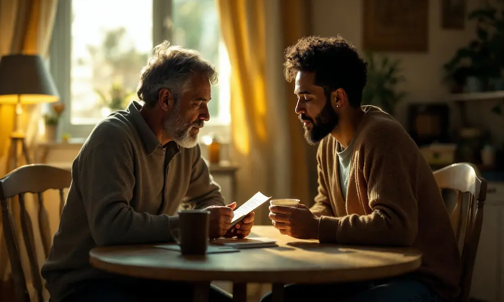 Two people sitting across a small table, one reading a verse aloud while the other listens and holds a cup—simple accountability and rhythm.