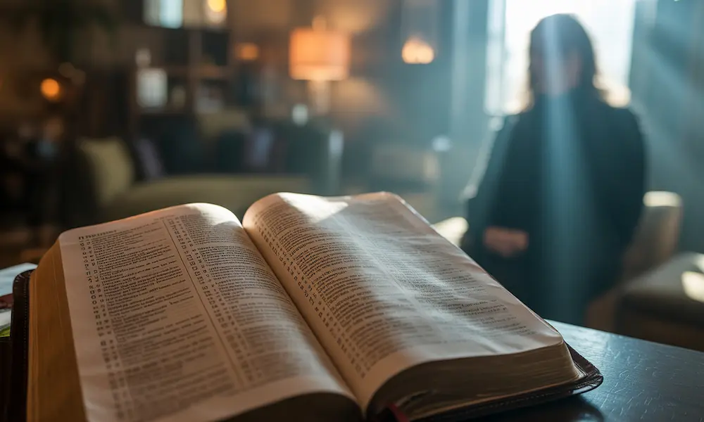 Quiet interior: an open Bible with highlighted Deuteronomy lines, light falling on the page, and a calm silhouette in the background.