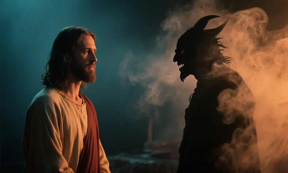 Jesus standing opposite a calm, illuminated figure quoting scripture.