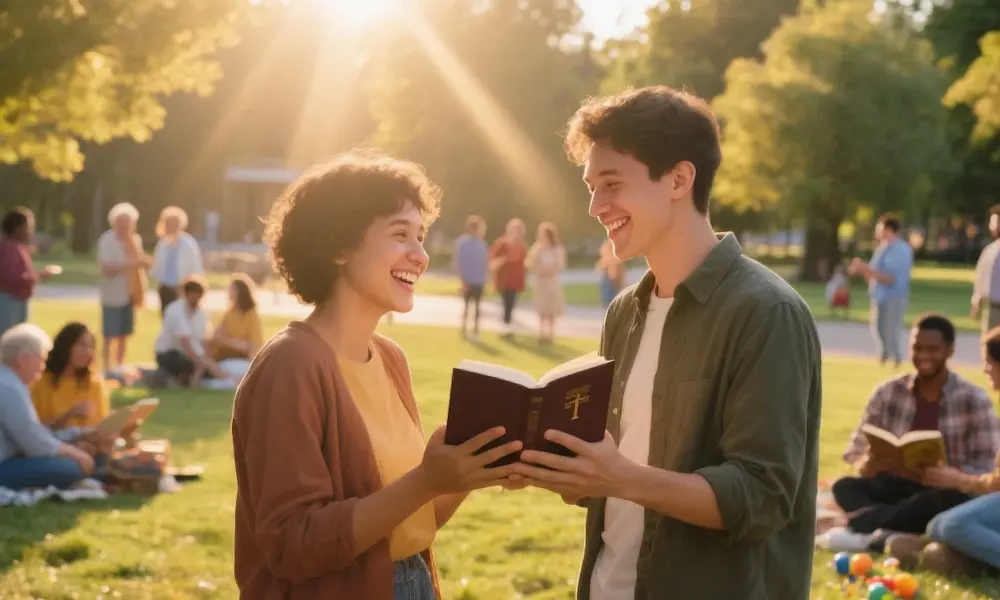 A person joyfully shares a small Bible with another in a sunlit park, surrounded by a diverse group of people.