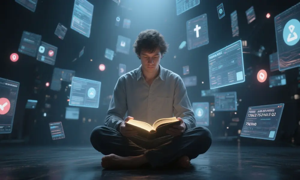 Person ignoring digital distractions, focusing on a glowing Bible, with swirling notifications fading away.