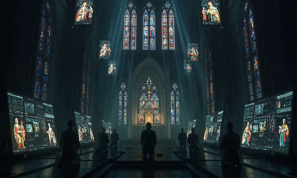 People kneeling before glowing screens and AI interfaces in cathedral-like tech environment, replacing traditional worship
