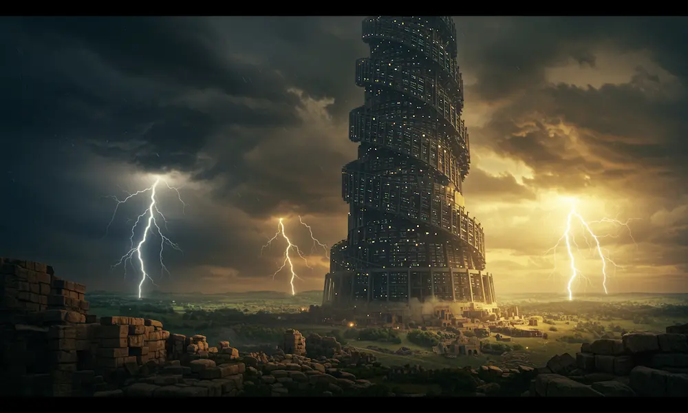 Massive spiral tower made of glowing servers and circuit boards reaching toward heaven, with ancient Babel ruins in foreground