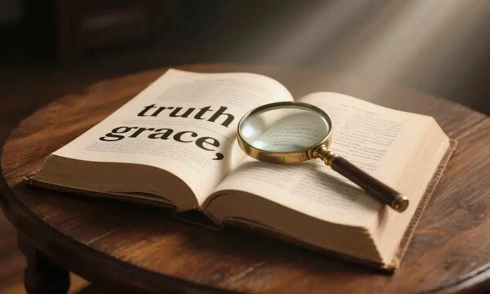 Open Bible with magnifying glass highlighting “truth” and “grace.”