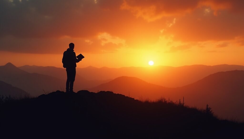 Silhouette with Bible on mountain at dawn