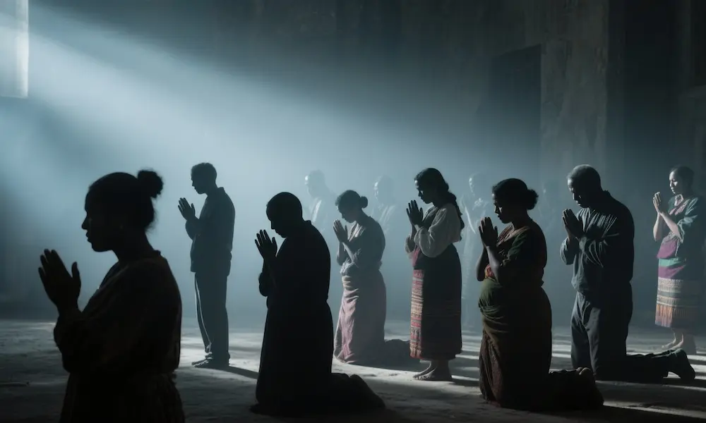 Diverse group of people from different cultures united in prayer seeking forgiveness and spiritual healing