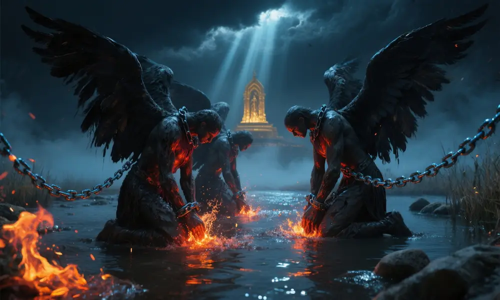 A close-up on the four horns of a golden altar in heaven, with a beam of light shining down, symbolizing the divine command to release the angels.