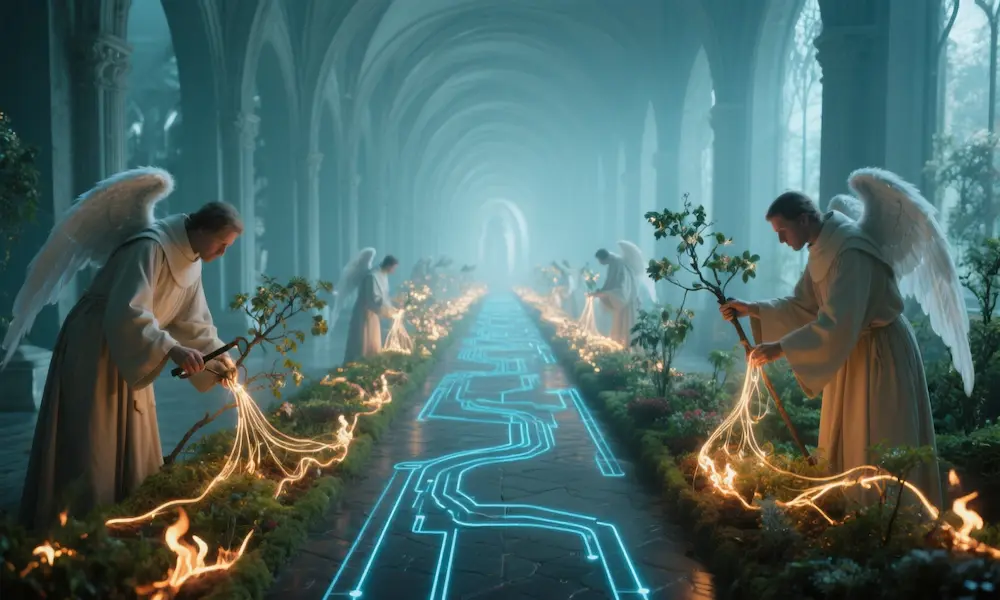 Endless halls where lines of shimmering fire etch the blueprints of seasons and time; angelic stewards at work.