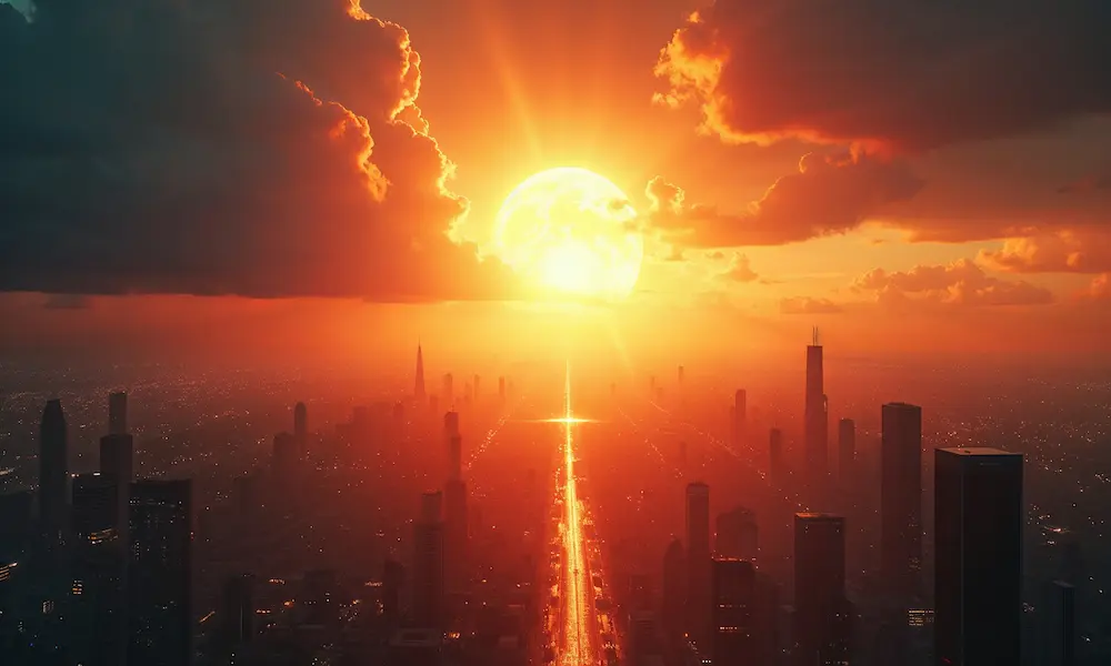A futuristic horizon blending digital cityscapes with a heavenly sky of light.