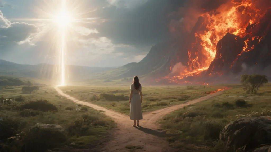 Symbolic forked path between heaven’s light and hell’s darkness.