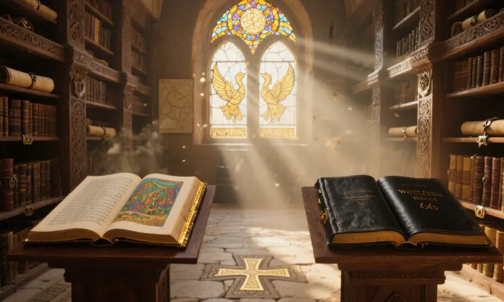 Ancient Ethiopian library with shelves of manuscripts, two open Bibles side by side showing the broader Ethiopian canon.