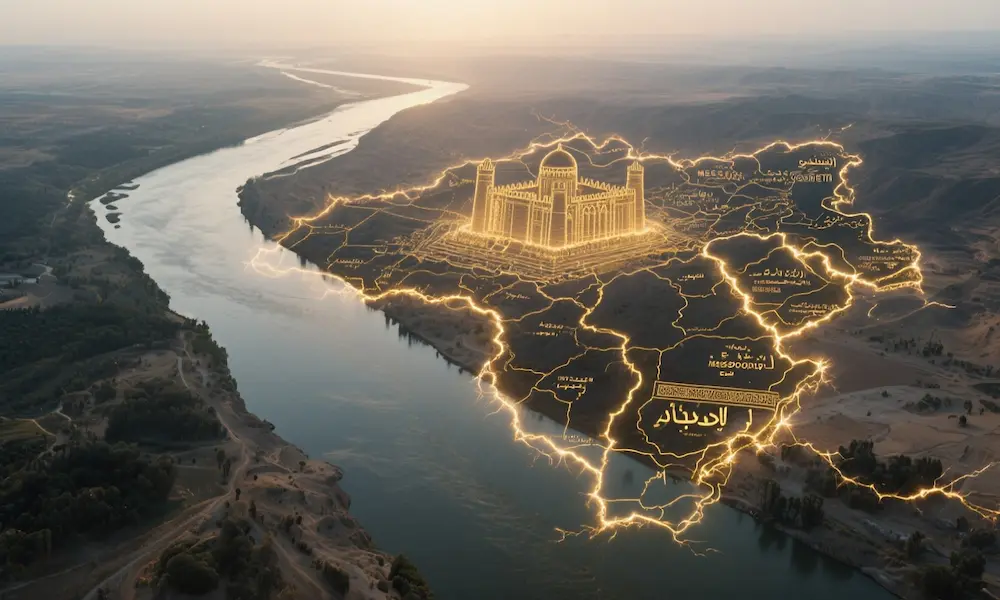 A symbolic double-exposure image showing the Euphrates River overlayed with a mystical, ancient map and glowing spiritual energy lines.