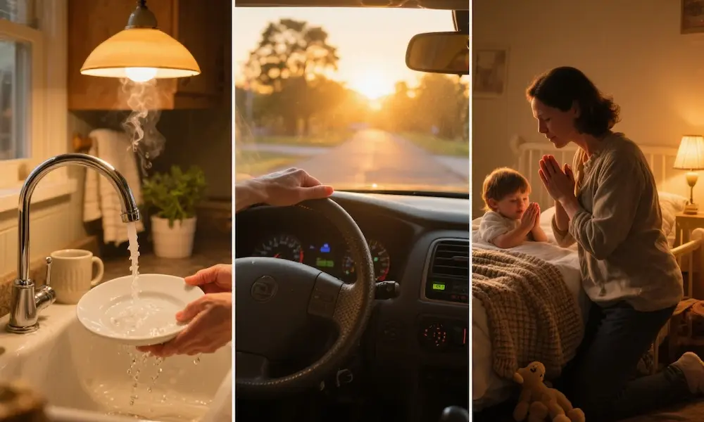 Collage of daily moments—washing dishes, commuting at sunrise, and bedtime prayer—seen through a grateful, worshipful lens.