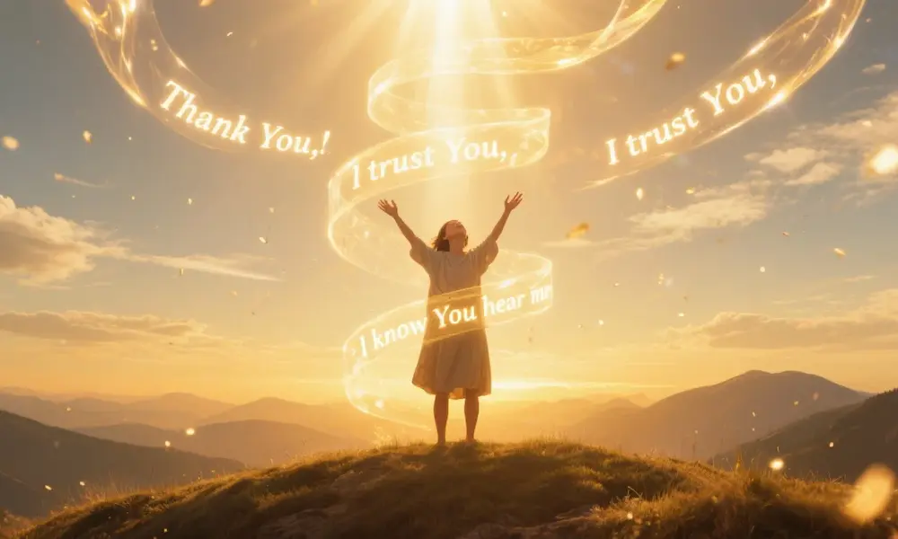 Person worshipping with uplifting words floating upward.