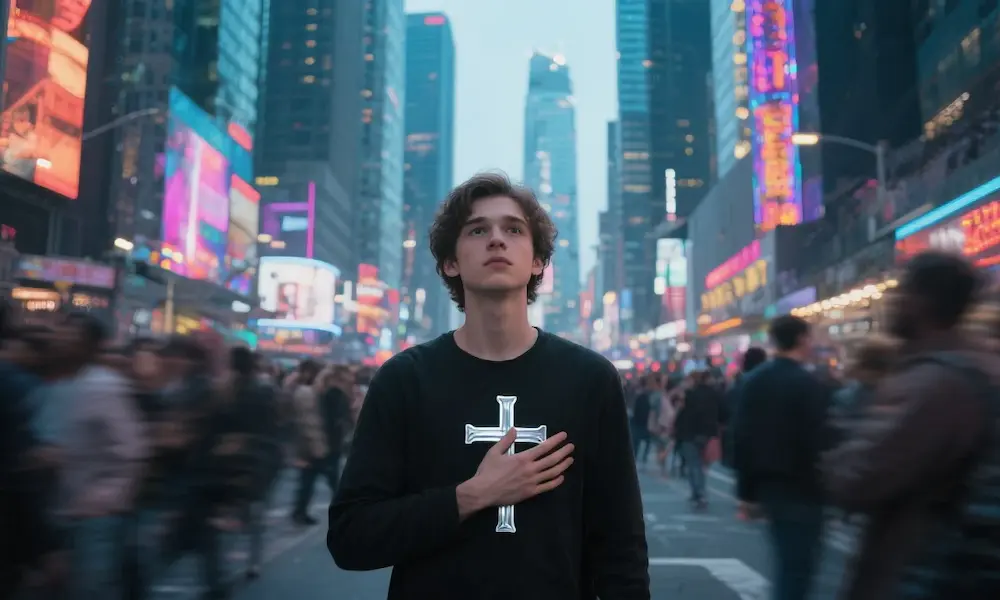 Young person holding a cross in a busy city, symbolizing faith amid confusion.