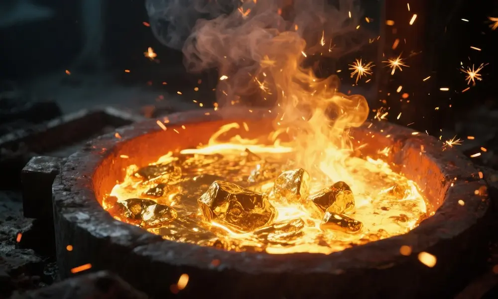Symbolic image of gold being refined in fire, with sparks and glowing embers, representing spiritual growth through trials.