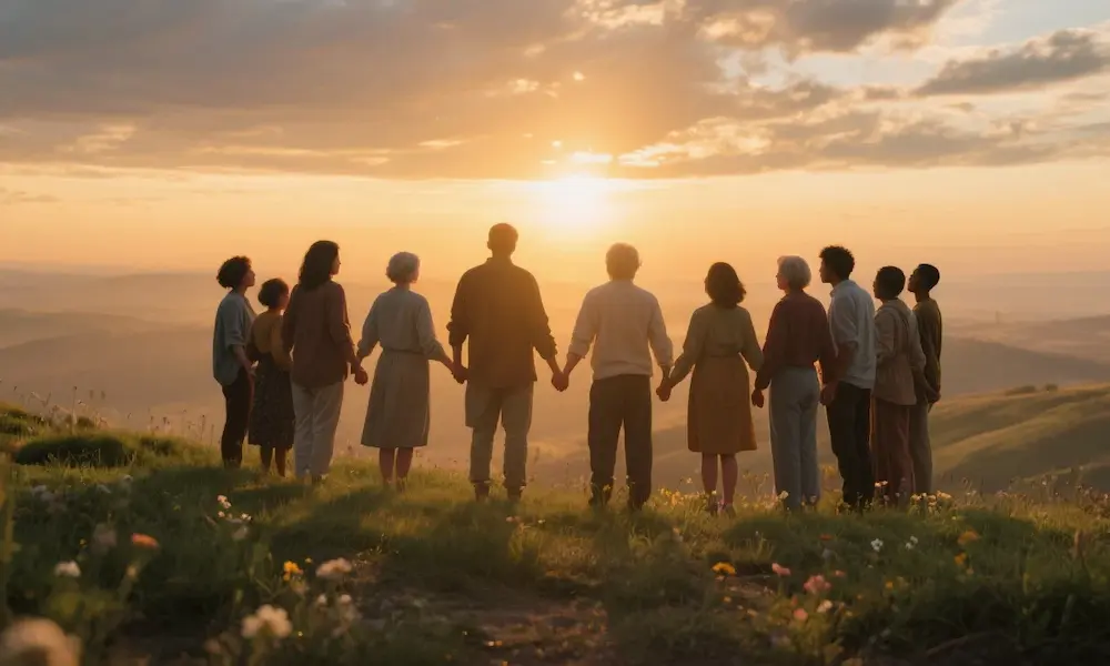 A diverse group of people supporting each other, hands joined, with a sunrise in the background, symbolizing community and resilience.