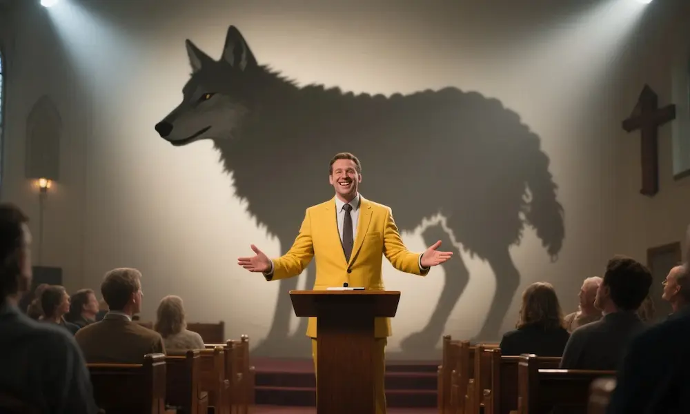 Preacher’s shadow as a wolf in sheep’s clothing, symbolizing false teachers.