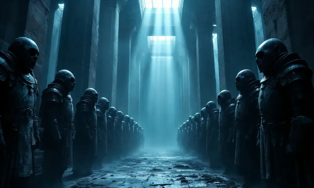 Colossal, withered watchers standing in a cathedral of silence, mouths sealed, eyes dim.
