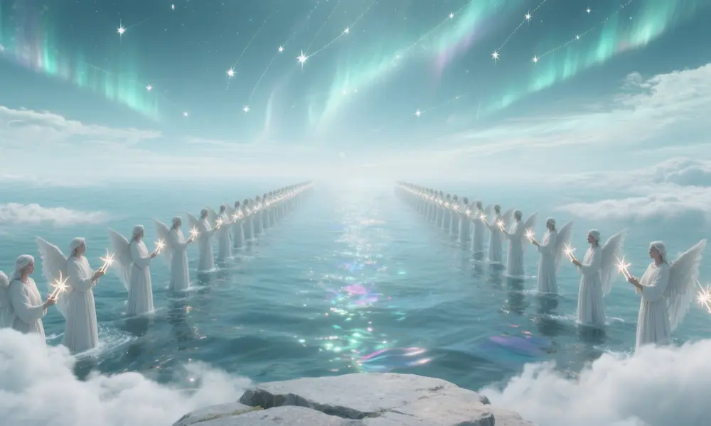 Vast sea above the firmament with angels on solid cloud-stone overseeing star paths.