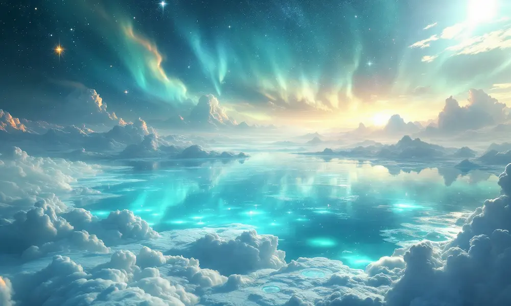 Vast sea above the firmament with angels on solid cloud-stone overseeing star paths.