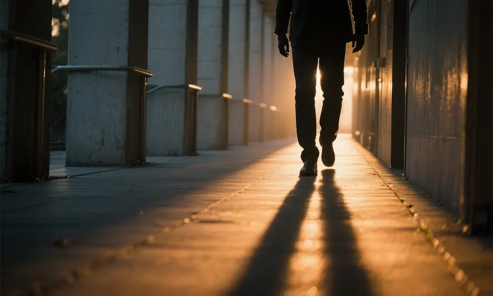 A subtle symbolic image of a soft beam of light illuminating a pathway or pair of footsteps, representing protection and guidance.