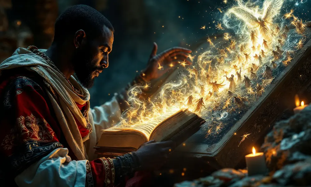Ethiopian scholar reading a giant manuscript, with visions of angels and ancient prophets in candlelight.