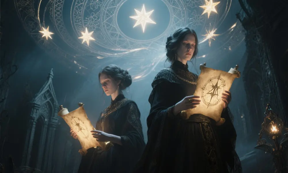 Symbolic scene of women receiving forbidden angelic knowledge—stars, scrolls, incantations.