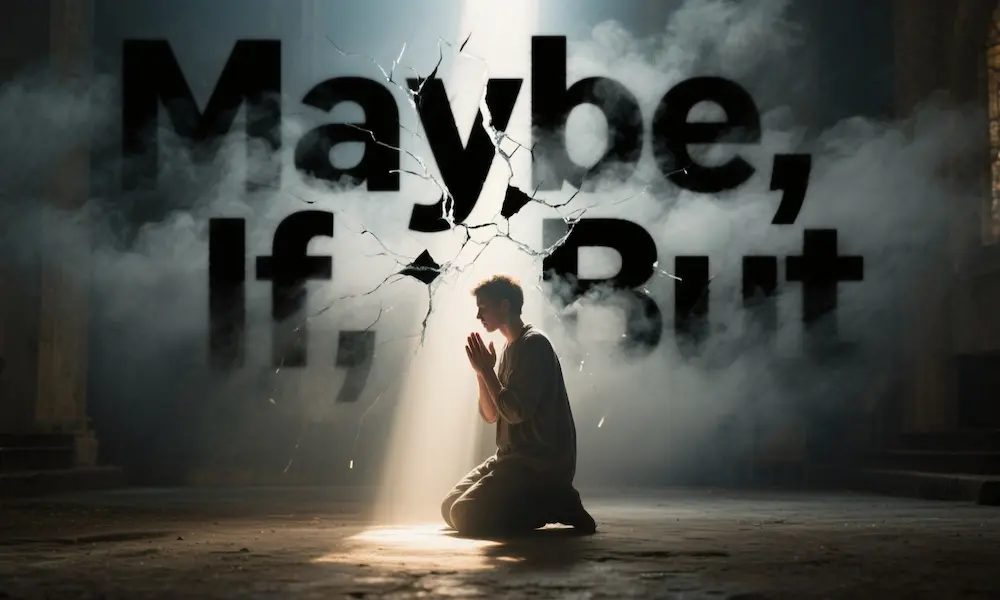Person kneeling in prayer with shadowy words dissolving above them.