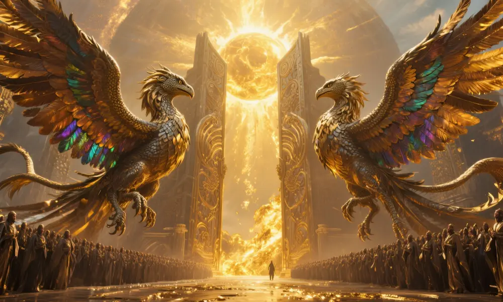 Vast golden gates for the sun with phoenix-like winged creatures attending, singing the rising of light.