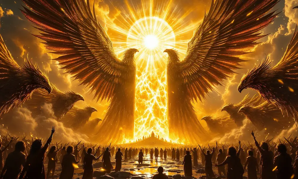 Vast golden gates for the sun with phoenix-like winged creatures attending, singing the rising of light.