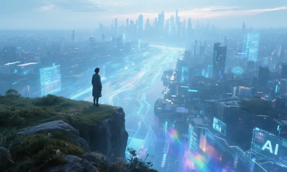 A person standing at the edge of a digital horizon, looking out over a futuristic cityscape of data streams and AI interfaces, representing the fusion of spirituality and technology