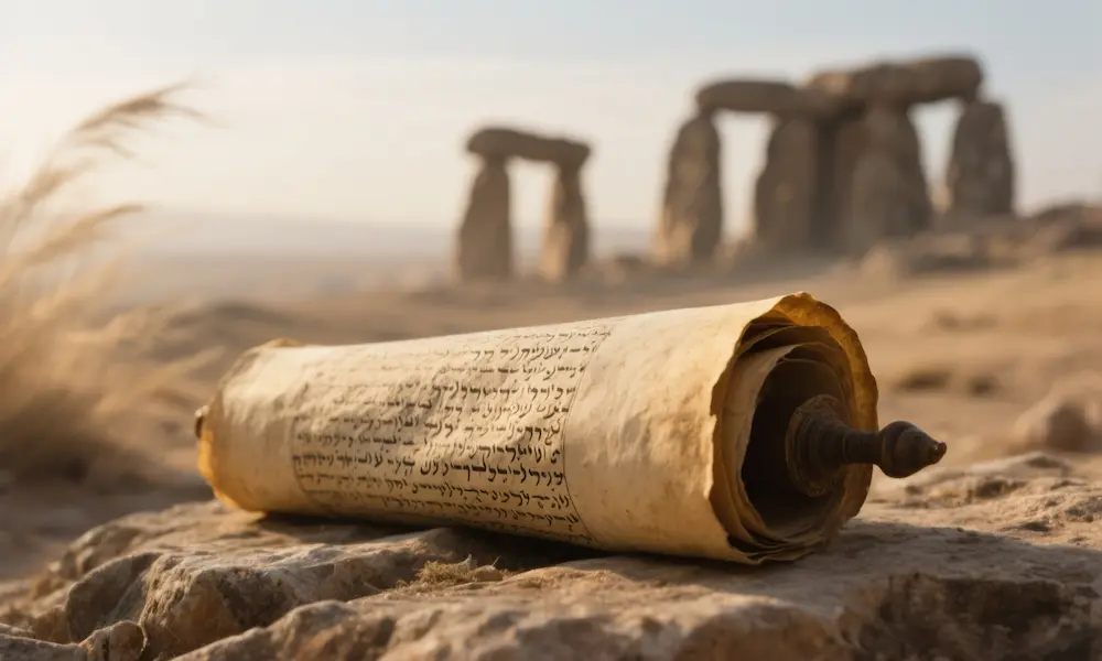 An ancient, illuminated scroll partially unrolled beside a windblown landscape—symbolizing Genesis 6 as a hinge text.